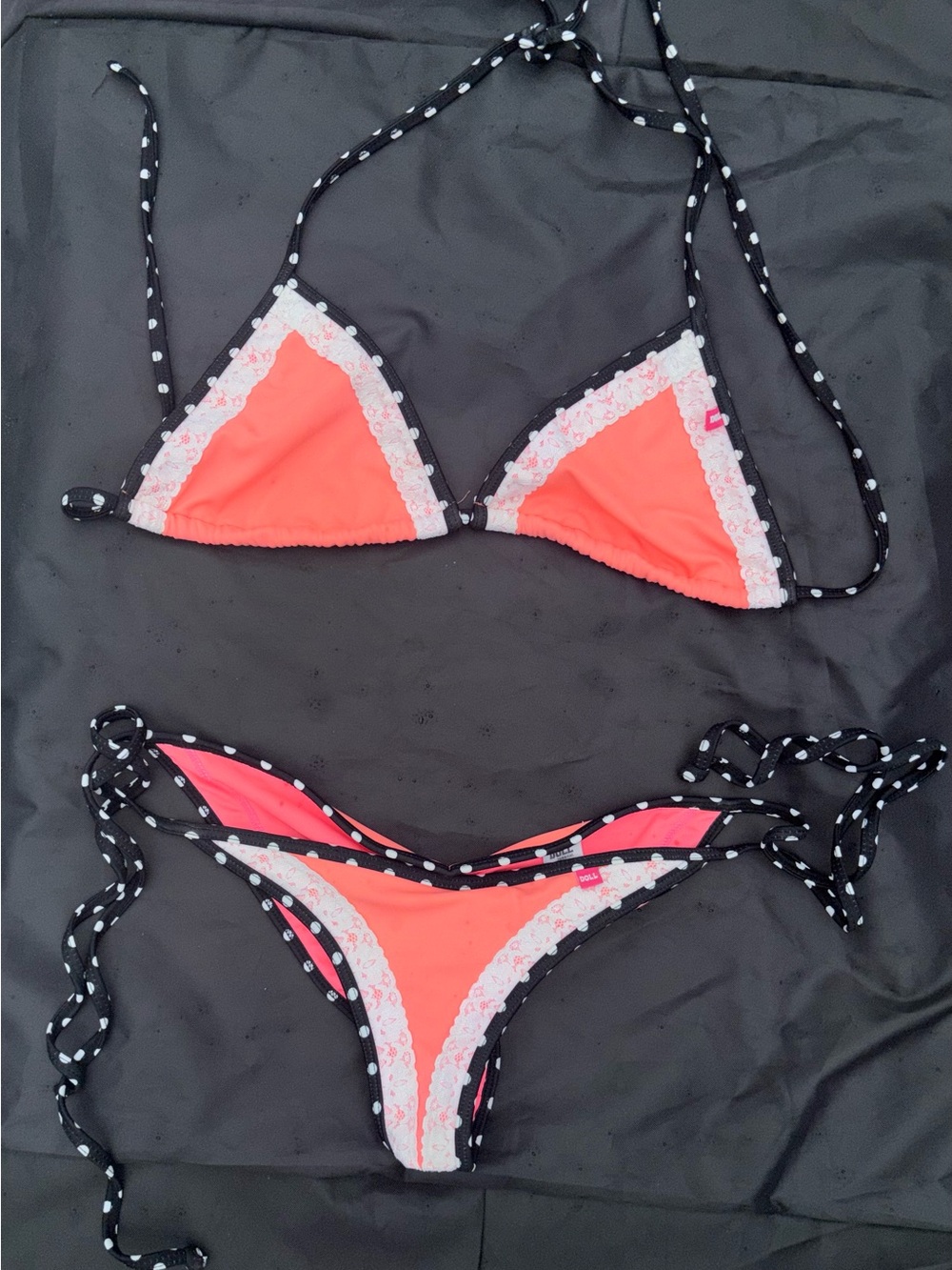 DOLL SWIMWEAR  Scrunch Butt Coral Lace-Trim Triangle Bikini  with Polka Dot Ties